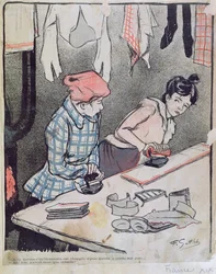 Karikatuur die twee wasvrouwen afbeeldt die roddelen, eind 19e eeuw
